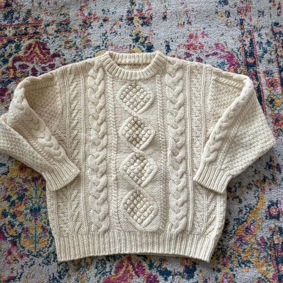 Vintage Aran Style chunky oversized cream/white wool crewneck sweater - Picture 5 of 6